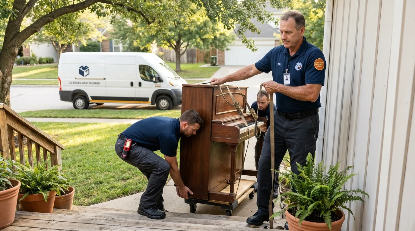 Licensed piano movers securing grand piano in Eliot, ME