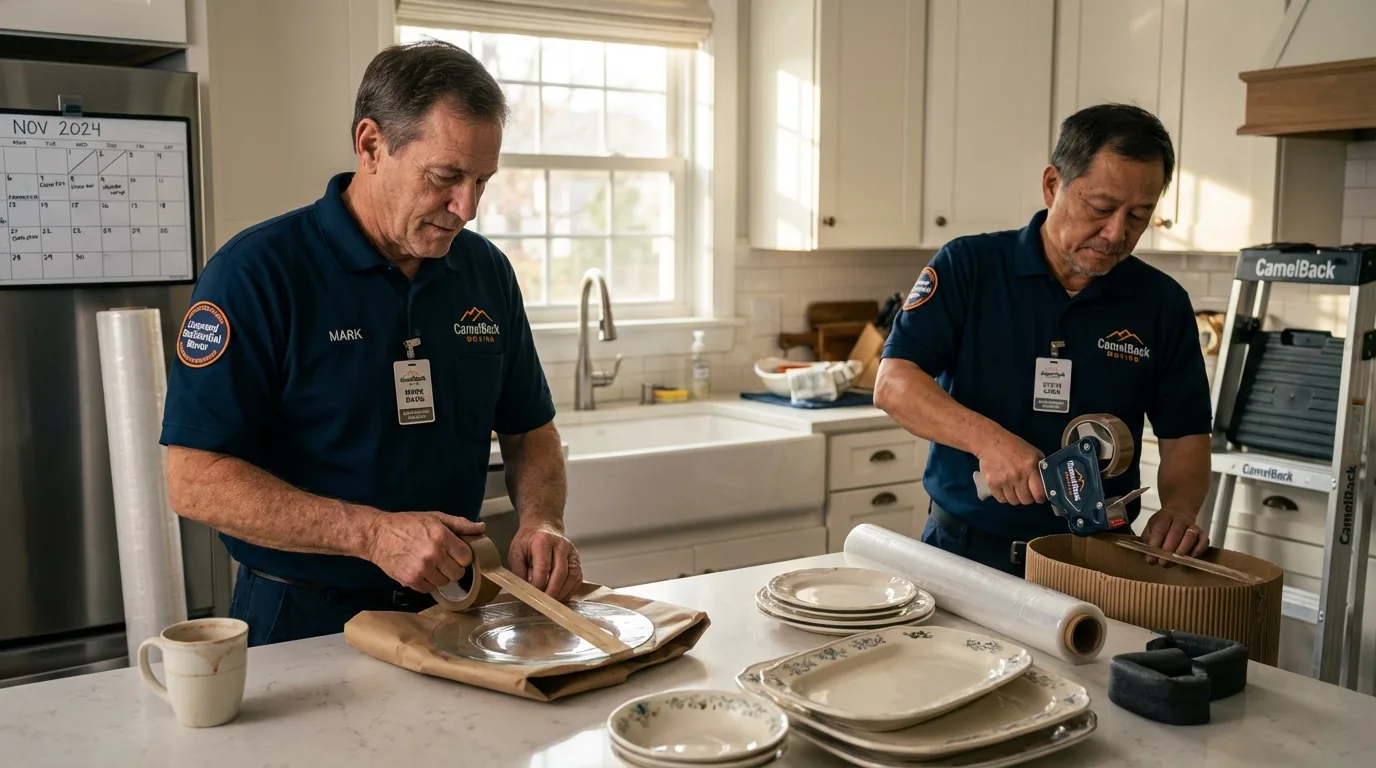 Professional crew packing kitchen dishware in Eliot, ME